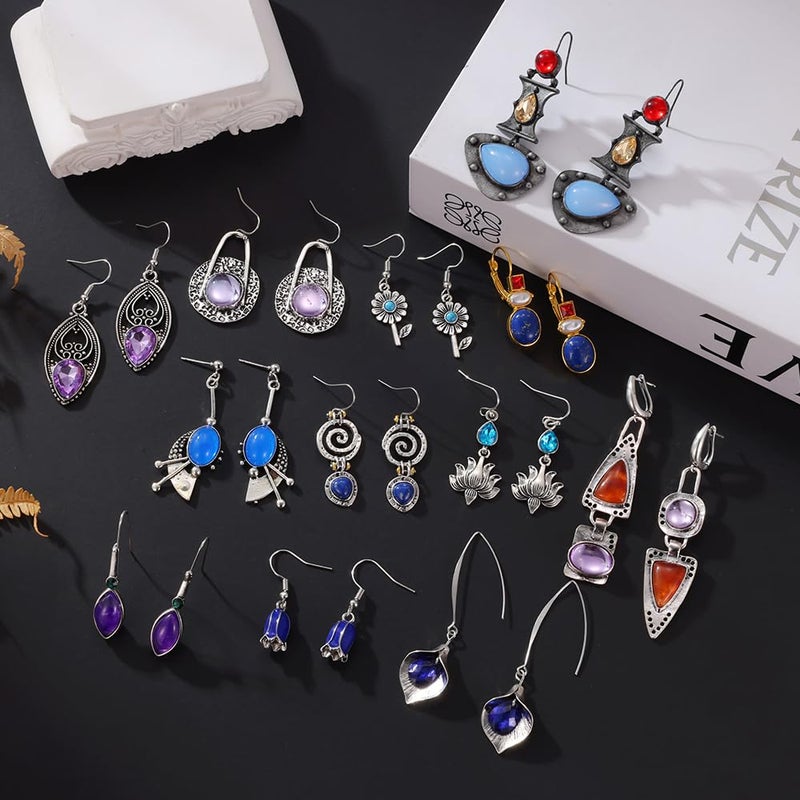 Coolkin 12 Pairs Boho Vintage Geometric Round Crystal Drop Dangle Earrings Ethnic Style Vintage Sunflower Earrings Owl Moon Christmas Earrings Set for Women (12 Pairs Crystal) - Image 3