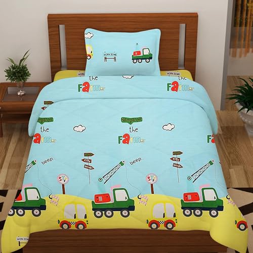 Filymore Cute Car Comforter for Kids Boys - Cute Cartoon Print Single Bed Blanket, Microfiber Dohar for Boys & Girls | Soft Kids Winter & Summer Quilt |60x90 Inches (Leamon and SkyBlue) - Image 2