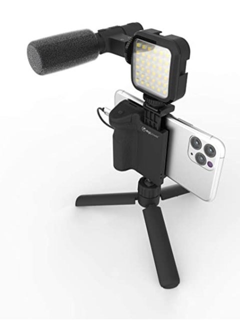 Vlogging Follow Me Kit with LED Video Light + Microphone + Camera Grip with Mobile Phone Holder + Mini Tripod Compatible with Smartphones for TikTok, Youtube, Live Streaming and Meetings