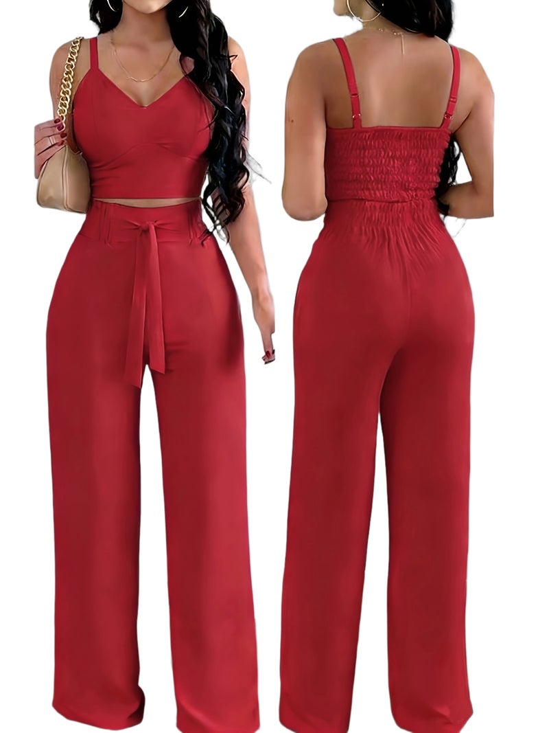 2-piece Women's Set with Thin Strap Stretch Camisole and Wide-leg Pants for Casual Vacation Wear - Image 1