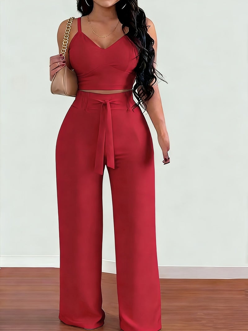 2-piece Women's Set with Thin Strap Stretch Camisole and Wide-leg Pants for Casual Vacation Wear - Image 2