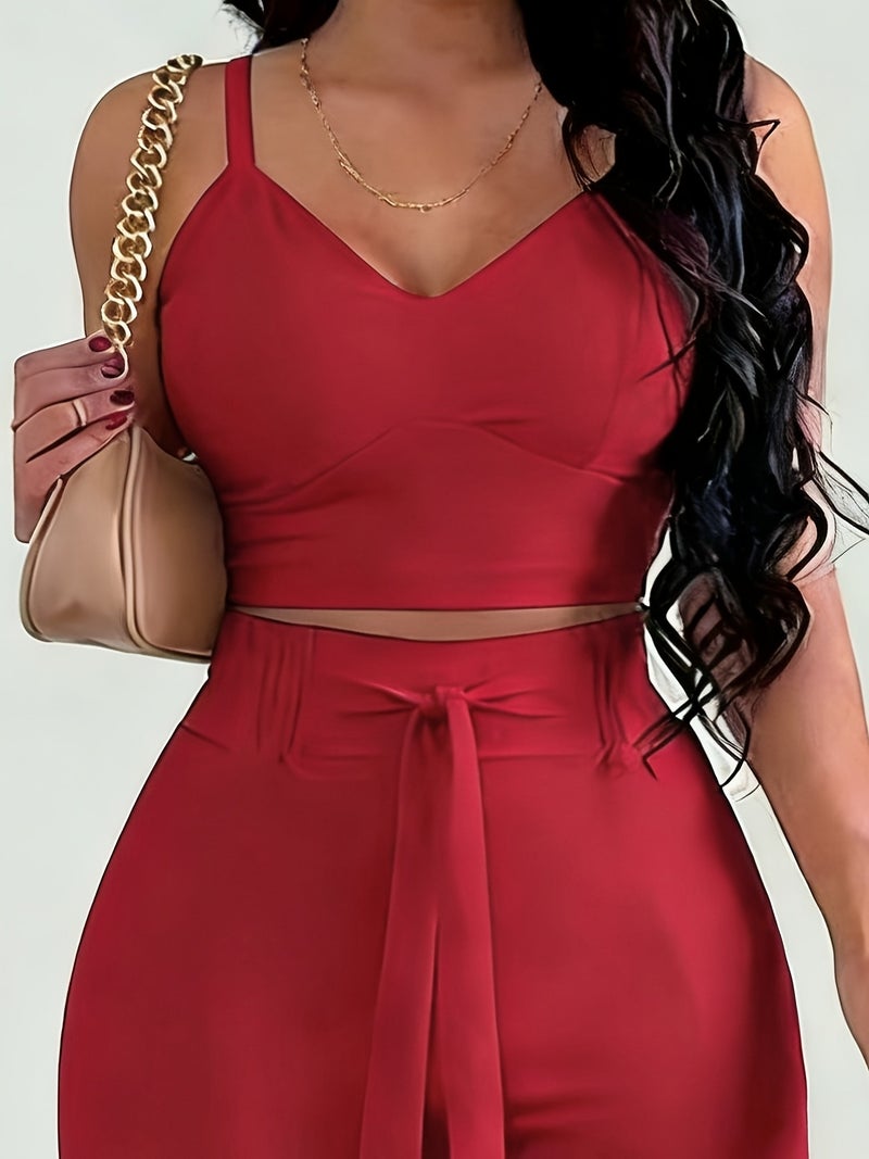 2-piece Women's Set with Thin Strap Stretch Camisole and Wide-leg Pants for Casual Vacation Wear - Image 3