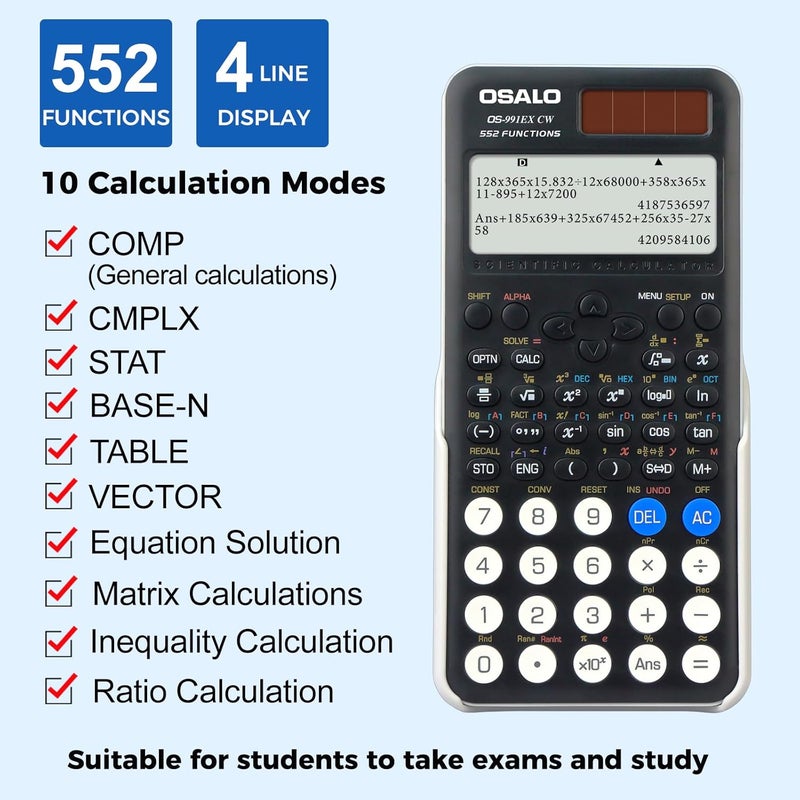 OSALO Scientific Calculator 552 Functions 4 Line Written Display Solar and Battery for School College Math Engineering Calculators Black (OS-991EX CW) - Image 2