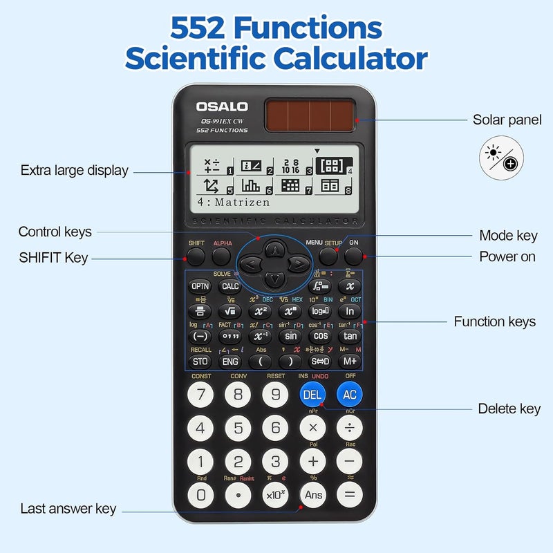 OSALO Scientific Calculator 552 Functions 4 Line Written Display Solar and Battery for School College Math Engineering Calculators Black (OS-991EX CW) - Image 5