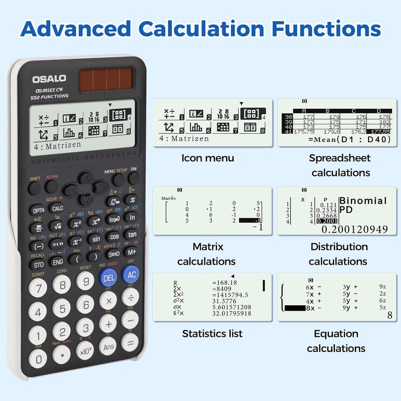 OSALO Scientific Calculator 552 Functions 4 Line Written Display Solar and Battery for School College Math Engineering Calculators Black (OS-991EX CW) - Image 4