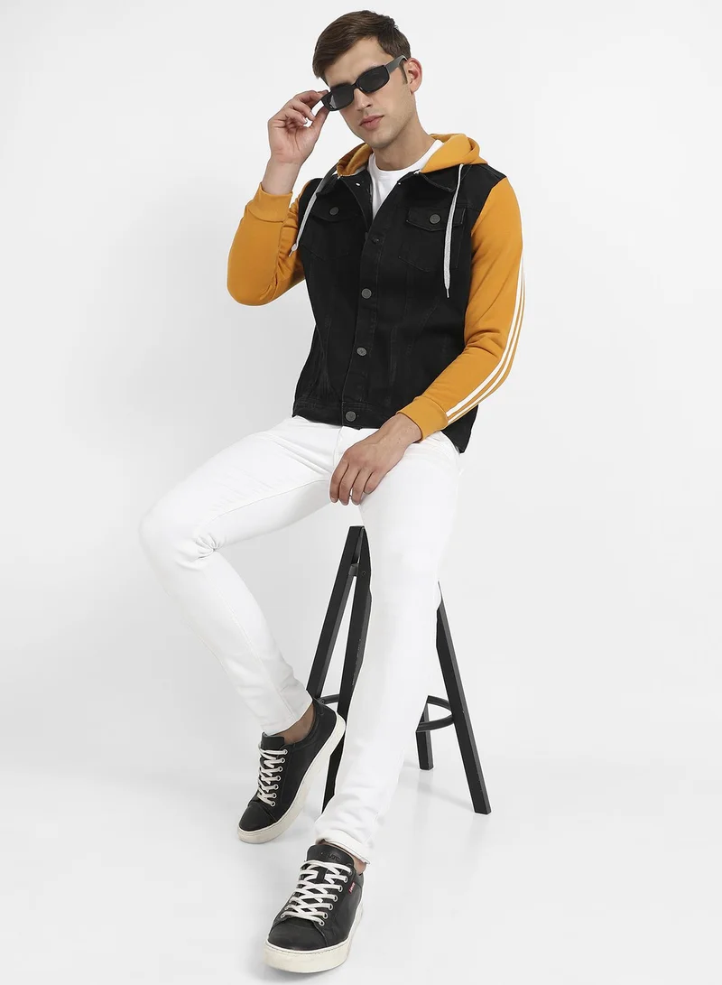 Campus Sutra Men's Blue & Mustard Yellow Medium-Wash Denim Jacket With Sweatshirt Sleeve