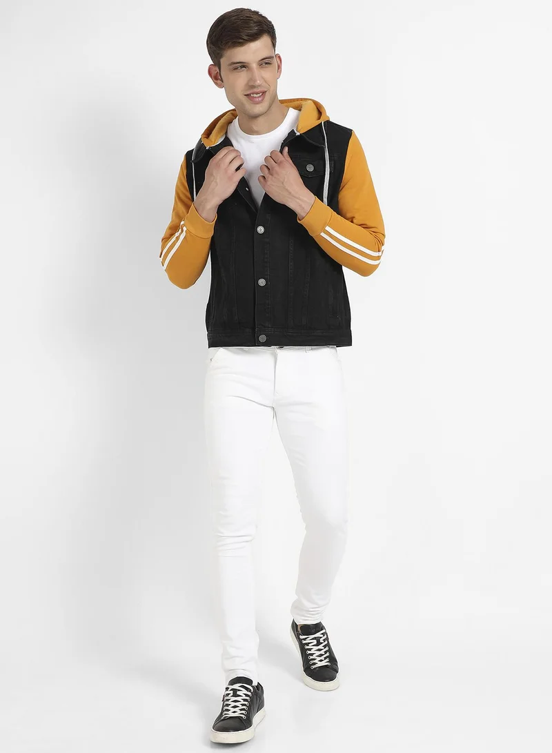 Campus Sutra Men's Blue & Mustard Yellow Medium-Wash Denim Jacket With Sweatshirt Sleeve