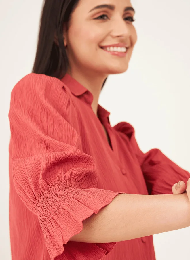 سولت اتاير SALT ATTIRE Peach-Coloured Shirt Collar Tunic with Three-Quarter Sleeves