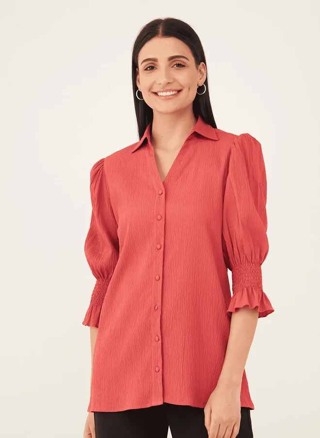 سولت اتاير SALT ATTIRE Peach-Coloured Shirt Collar Tunic with Three-Quarter Sleeves