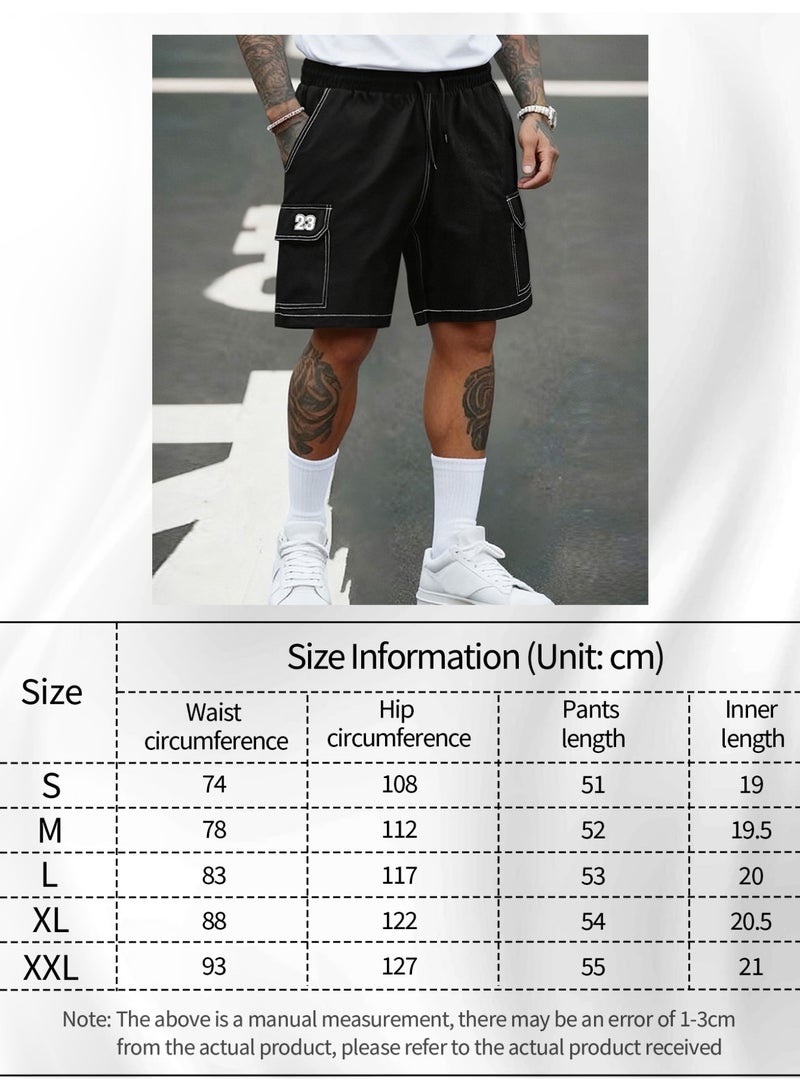 Men's Black Cargo Shorts Casual Utility Shorts with White Contrast Stitching Elastic Waist Athletic Shorts - Image 4