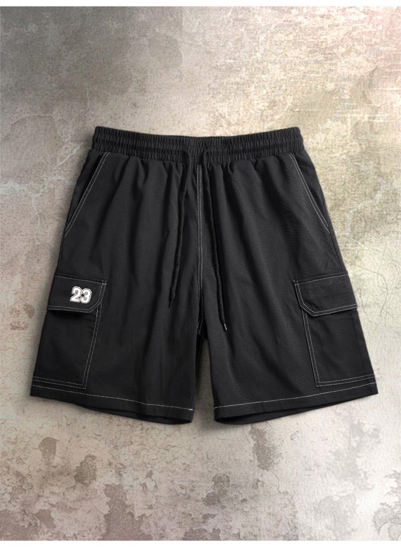 Men's Black Cargo Shorts Casual Utility Shorts with White Contrast Stitching Elastic Waist Athletic Shorts - Image 5
