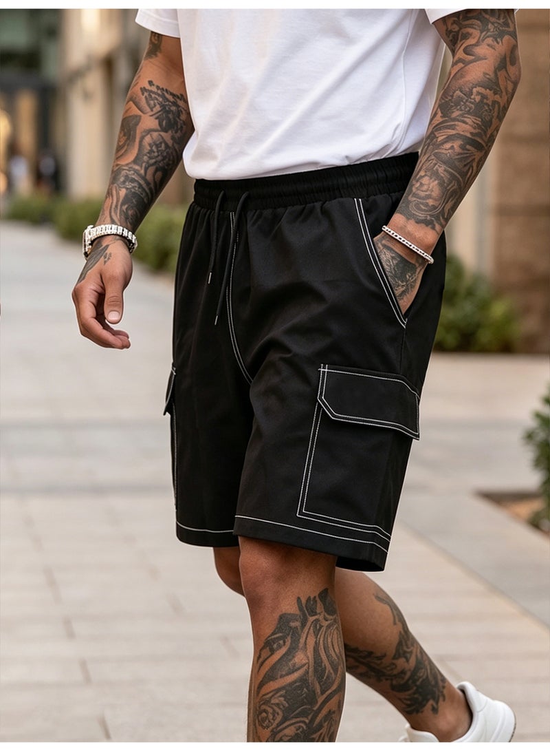 Men's Black Cargo Shorts Casual Utility Shorts with White Contrast Stitching Elastic Waist Athletic Shorts - Image 1