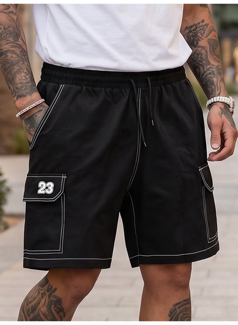 Men's Black Cargo Shorts Casual Utility Shorts with White Contrast Stitching Elastic Waist Athletic Shorts - Image 2