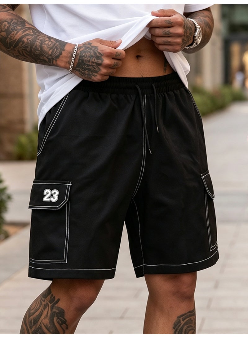 Men's Black Cargo Shorts Casual Utility Shorts with White Contrast Stitching Elastic Waist Athletic Shorts - Image 3