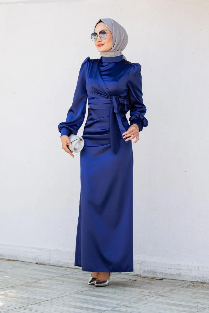 Tesettür Çarşım Hijab Bazaar Nesy Double Breasted Robe Satin Evening Dress-Navy