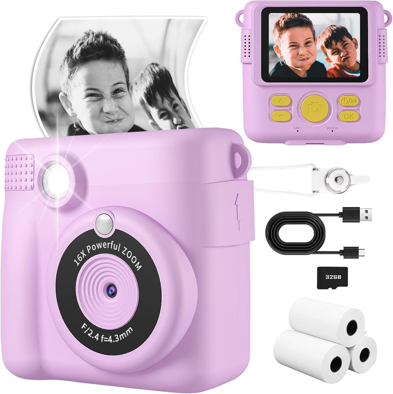 Adofys Instant Print Camera for Kids, Christmas Birthday Gifts for Girls Boys, HD Digital Video Cameras for Toddler, Portable Toy for 4 5 6 7 8 9 10 Year Old with 32GB SD Card-Purple - Image 1