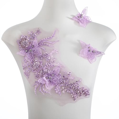 FixrWre Flower Pearl Fabric Rhinestones Beaded Lace Applique,3D Butterfly Embroidered Lace Patch for Clothes,Dress (Purple) - Image 1