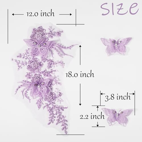 FixrWre Flower Pearl Fabric Rhinestones Beaded Lace Applique,3D Butterfly Embroidered Lace Patch for Clothes,Dress (Purple) - Image 2