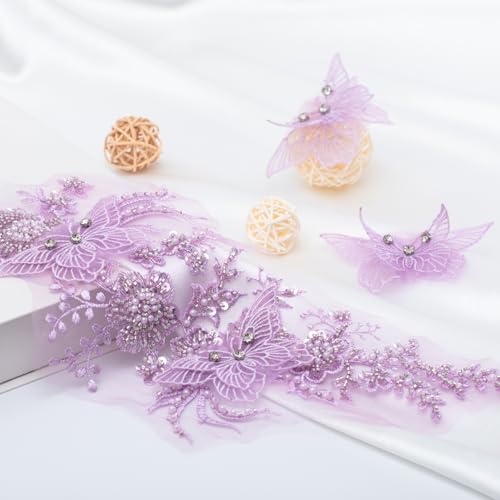 FixrWre Flower Pearl Fabric Rhinestones Beaded Lace Applique,3D Butterfly Embroidered Lace Patch for Clothes,Dress (Purple) - Image 3