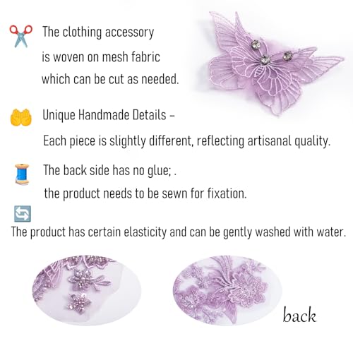 FixrWre Flower Pearl Fabric Rhinestones Beaded Lace Applique,3D Butterfly Embroidered Lace Patch for Clothes,Dress (Purple) - Image 5