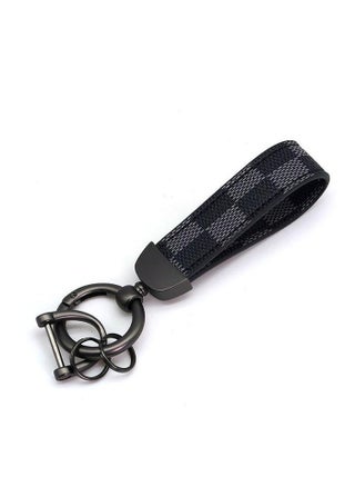 Gray Plaid PU Leather Car Keychain