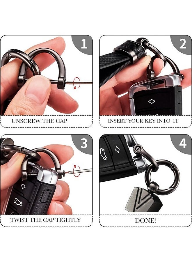 سلسلة مفاتيح سيارة من جلد البولي يوريثان باللون الرمادي المنقوش - حلقة دوارة 360 درجة من سبائك الزنك المعدنية، حامل مفاتيح عالمي للسيارة/المنزل/الحقيبة، حزام معصم مع مفك براغي - تصميم شبكي أنيق** - Image 4