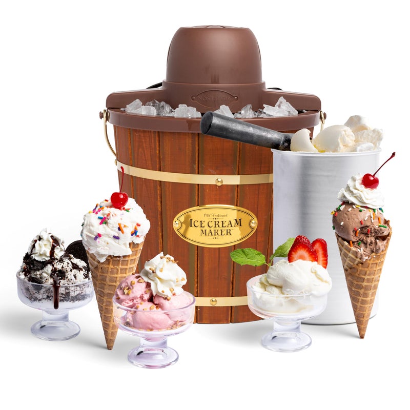 Nostalgia Electric Ice Cream Maker - Old Fashioned Soft Serve Ice Cream Machine Makes Frozen Yogurt or Gelato in Minutes - Fun Kitchen Appliance - Vintage Wooden Style - Dark Wood - 4 Quart - Image 1