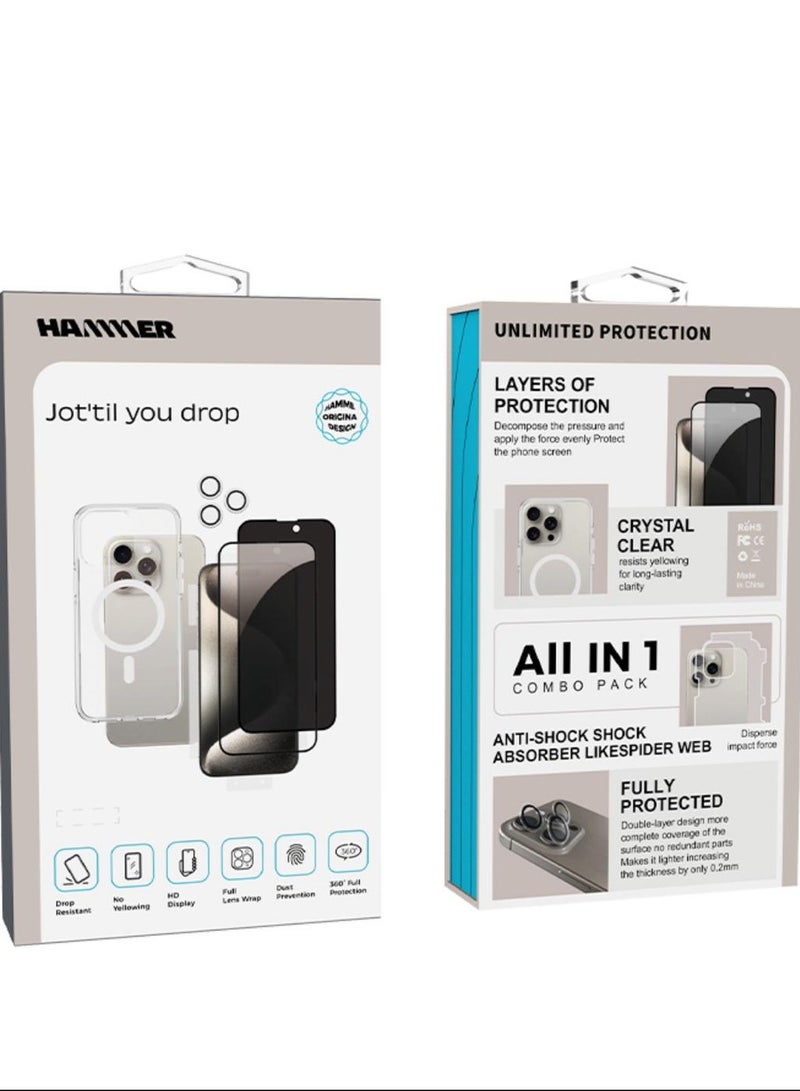 Hammer Integrated Hummer package for iPhone 15 plus , anti-yellowing, resistant to falling by a degree, slim crystal case, full lens protection, anti-scratch - Image 1