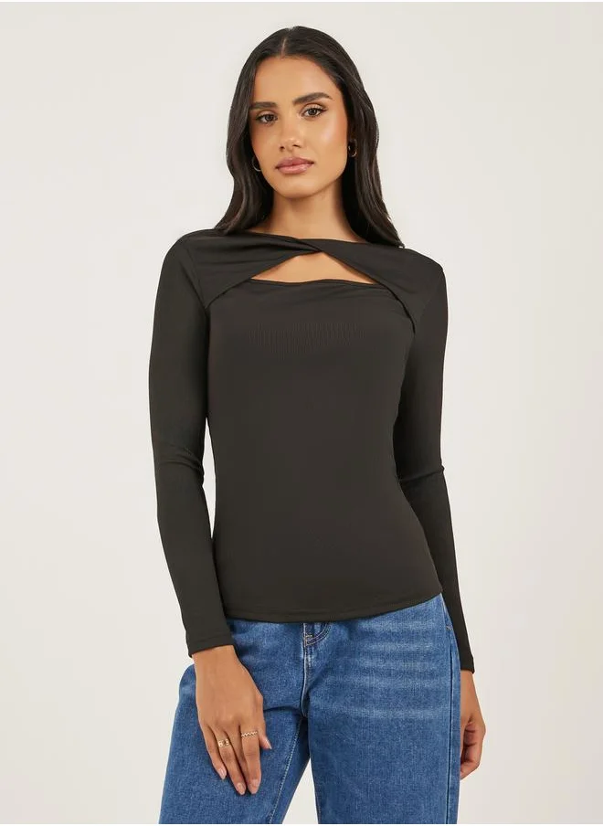 Styli Women Black Ribbed Cut Out Knit Top
