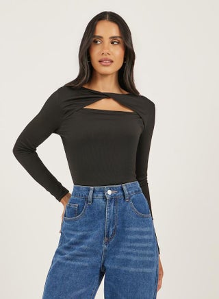 Women Black Ribbed Cut Out Knit Top