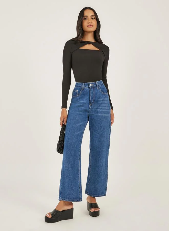 Styli Women Black Ribbed Cut Out Knit Top