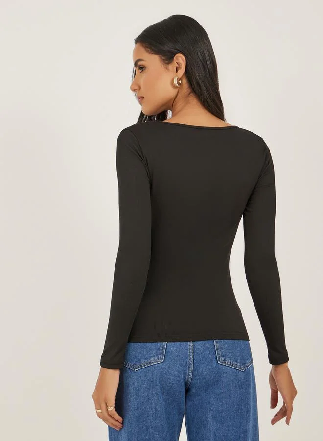 Styli Women Black Ribbed Cut Out Knit Top