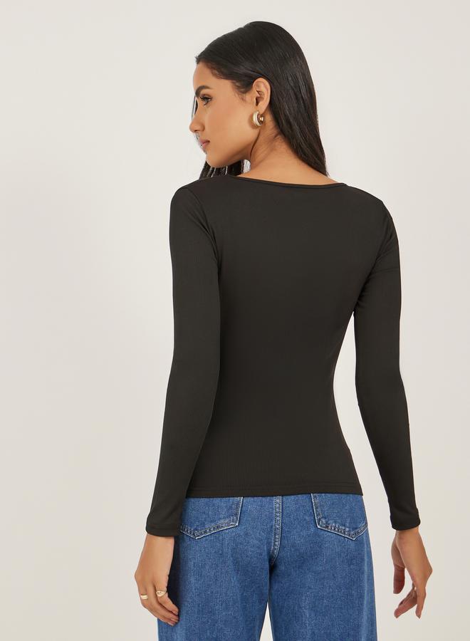 Styli Women Black Ribbed Cut Out Knit Top  - Image 5