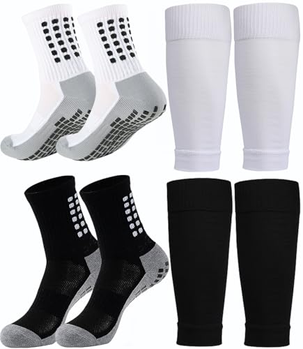 KMOLY 2 Set Kids Grip Soccer Socks and Shin Guard Sleeves for Age 714 Years Youth Boys Girls Children Football Basketball Training Matches - Image 1