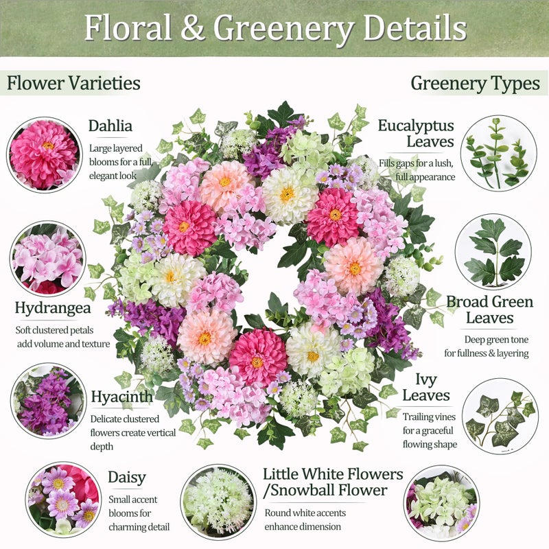 Zmtyykh 24 Inch Dahlia & Hydrangea Wreath Artificial Spring Wreath for Front Door Floral Wreat with Hyacinth Daisy Eucalyptus Ivy Indoor Outdoor Farmhouse Home Decor for Valentineâ€™s Day Easter Summer - Image 2