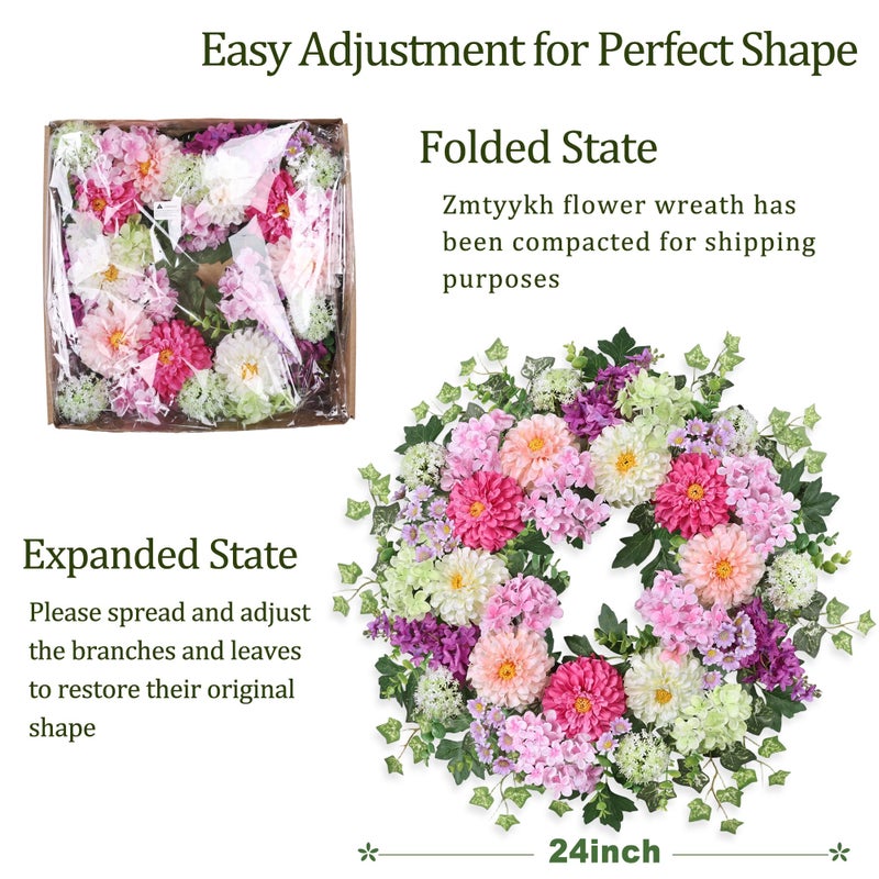 Zmtyykh 24 Inch Dahlia & Hydrangea Wreath Artificial Spring Wreath for Front Door Floral Wreat with Hyacinth Daisy Eucalyptus Ivy Indoor Outdoor Farmhouse Home Decor for Valentineâ€™s Day Easter Summer - Image 3