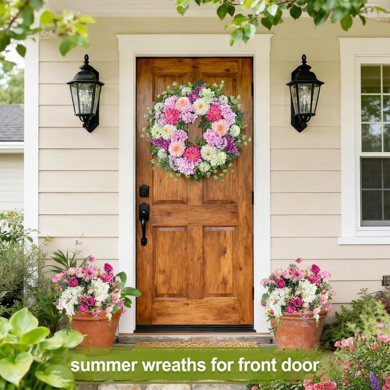 Zmtyykh 24 Inch Dahlia & Hydrangea Wreath Artificial Spring Wreath for Front Door Floral Wreat with Hyacinth Daisy Eucalyptus Ivy Indoor Outdoor Farmhouse Home Decor for Valentineâ€™s Day Easter Summer - Image 4