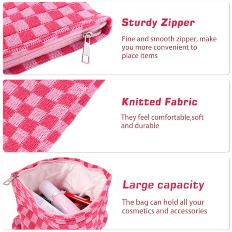 3Pcs Checkered Makeup Bag for Women Large Cosmetic Bag Set Travel Toiletry Bag Makeup Pouch Bag for Purse Pink Zipper Storage Bag Organizer Cute Small Aesthetic Girls Car Essentials Bag - Image 5