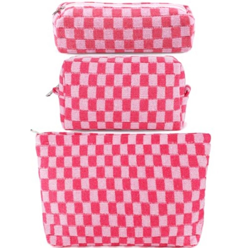 3Pcs Checkered Makeup Bag for Women Large Cosmetic Bag Set Travel Toiletry Bag Makeup Pouch Bag for Purse Pink Zipper Storage Bag Organizer Cute Small Aesthetic Girls Car Essentials Bag - Image 1