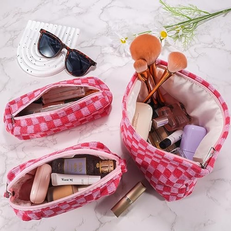 3Pcs Checkered Makeup Bag for Women Large Cosmetic Bag Set Travel Toiletry Bag Makeup Pouch Bag for Purse Pink Zipper Storage Bag Organizer Cute Small Aesthetic Girls Car Essentials Bag - Image 2