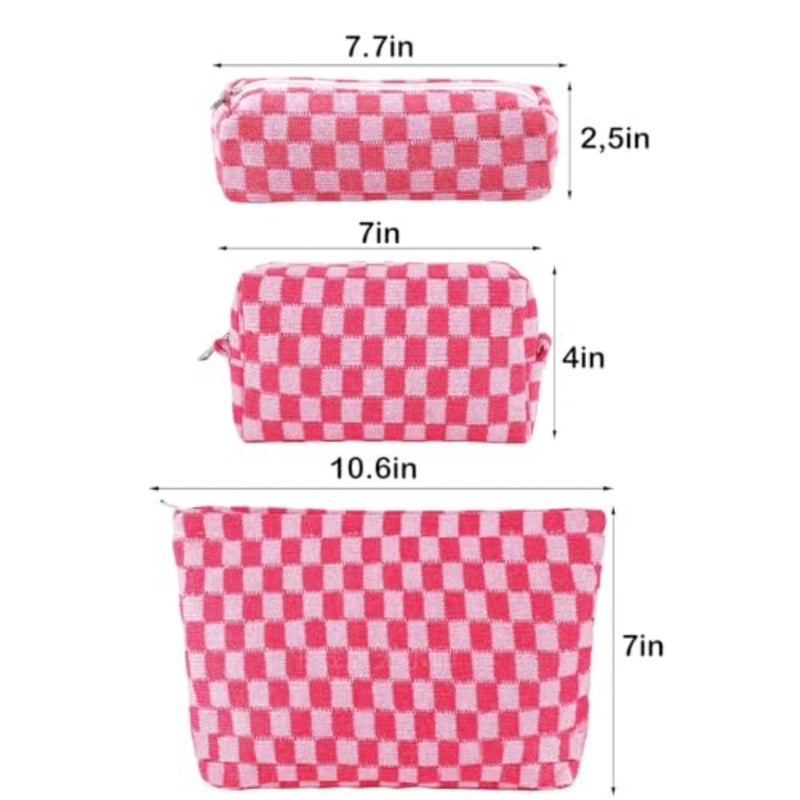 3Pcs Checkered Makeup Bag for Women Large Cosmetic Bag Set Travel Toiletry Bag Makeup Pouch Bag for Purse Pink Zipper Storage Bag Organizer Cute Small Aesthetic Girls Car Essentials Bag - Image 4