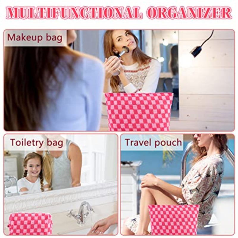 3Pcs Checkered Makeup Bag for Women Large Cosmetic Bag Set Travel Toiletry Bag Makeup Pouch Bag for Purse Pink Zipper Storage Bag Organizer Cute Small Aesthetic Girls Car Essentials Bag - Image 3