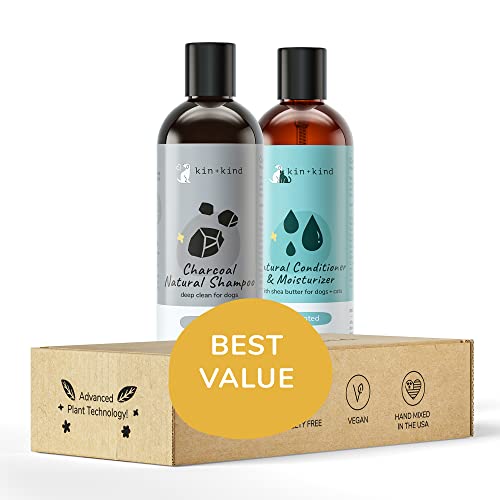kin+kind Natural Cat & Dog Shampoo and Conditioner Set - Gentle Pet Supplies for Dogs and Cats - Shea Moisture Shampoo and Conditioner with Activated Charcoal & Moisturizing Shea Butter - Made in USA - Image 1