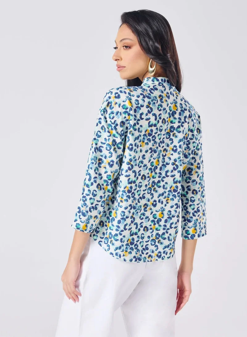Zigzag Mandarine Collar Blue Printed Roll Up Sleeve Top