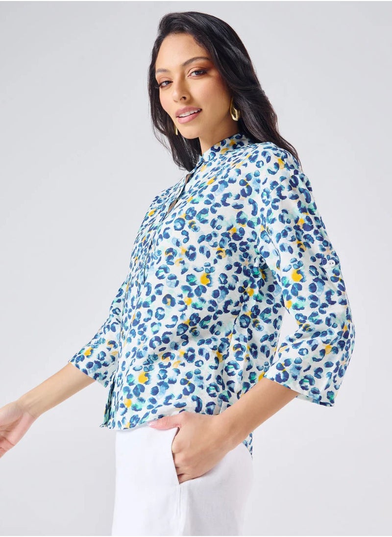 Mandarine Collar Blue Printed Roll Up Sleeve Top - pzsku/Z0E5203A1B08884B486B0Z/45/_/1739522727/b1c0e569-7927-4c98-9f91-32c1c34026f8