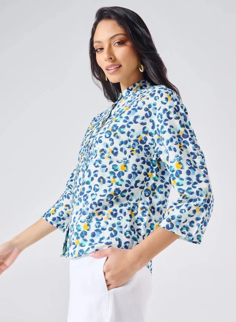Zigzag Mandarine Collar Blue Printed Roll Up Sleeve Top