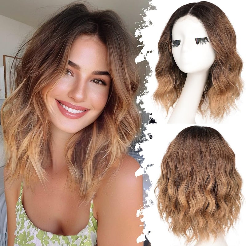 Eawwii Brown to Honey Blonde Short Wavy Wig for Women Lace Hairline Bob Style Synthetic Heat Resistant - Natural Appearance for Everyday Hairstyle 14 Inch - Image 1