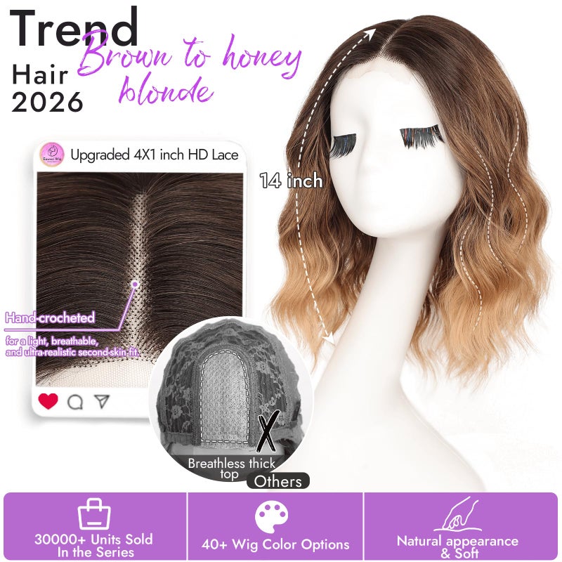 Eawwii Brown to Honey Blonde Short Wavy Wig for Women Lace Hairline Bob Style Synthetic Heat Resistant - Natural Appearance for Everyday Hairstyle 14 Inch - Image 2