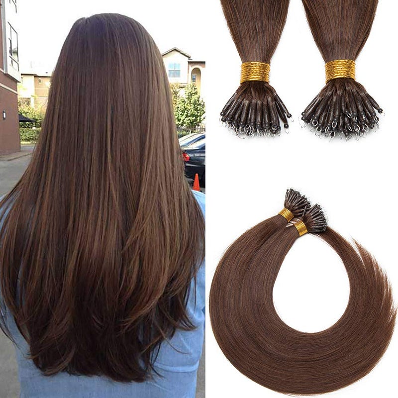 SEGO خاتم شعر بشري بيد نانو سيغو مع وصلات شعر مسبقة الربط، خيوط نانو، شعر ريمي، حلقات دقيقة، قطعة شعر مربوطة يدويًا، 16 بوصة، 04 بني متوسط، 1 جرام لكل خيط، 50 جرام لكل عبوة