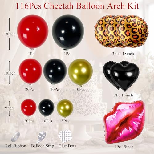 Ceeulvu Cheetah Balloon Arch Kit 116Pcs Cheetah Party Decorations with Red Black Gold Balloon Leopard Lip Heart Balloon Garland for Leopard Birthday Bachelorette - Image 5